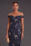 Floral Navy Mermaid Off the Shoulder Sparkly Beaded Long Formal Dress