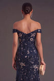 Floral Navy Mermaid Off the Shoulder Sparkly Beaded Long Formal Dress