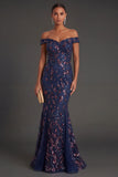 Floral Navy Mermaid Off the Shoulder Sparkly Beaded Long Formal Dress