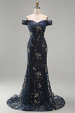 Floral Navy Mermaid Off the Shoulder Sparkly Beaded Long Formal Dress