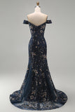 Floral Navy Mermaid Off the Shoulder Sparkly Beaded Long Formal Dress