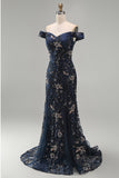 Floral Navy Mermaid Off the Shoulder Sparkly Beaded Long Formal Dress