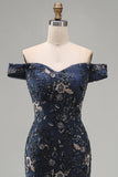Floral Navy Mermaid Off the Shoulder Sparkly Beaded Long Formal Dress