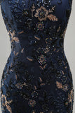 Floral Navy Mermaid Off the Shoulder Sparkly Beaded Long Formal Dress