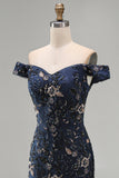 Floral Navy Mermaid Off the Shoulder Sparkly Beaded Long Formal Dress
