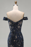 Floral Navy Mermaid Off the Shoulder Sparkly Beaded Long Formal Dress