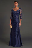Sparkly Beaded Navy Floral Appliqued Ruched Mermaid Long Formal Dress