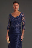 Sparkly Beaded Navy Floral Appliqued Ruched Mermaid Long Formal Dress