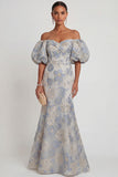 Floral Dusty Blue Mermaid Jacquard Off the Shoulder Long Formal Dress