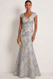 Floral Dusty Blue Jacquard V Neck Mermaid Long Formal Dress
