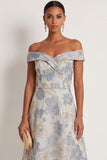 Floral Jacquard Dusty Blue A Line Long Formal Dress