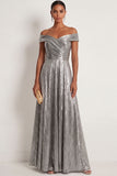 Grey Silver Metallic A Line Off the Shoulder Long Formal Dress