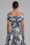 Floral Navy A Line Ruched Off the Shoulder Long Formal Dress with Bow