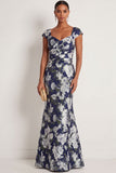 Floral Navy Mermaid Ruched Sleeveless Long Formal Dress