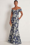 Navy Blue Floral Mermaid Off the Shoulder Long Formal Dress