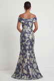 Navy Blue Floral Mermaid Off the Shoulder Long Formal Dress