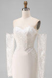 Ivory Mermaid Off the Shoulder Court Train Lace Wedding Dress with Sleeves