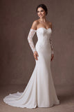Ivory Mermaid Off the Shoulder Court Train Lace Wedding Dress with Sleeves