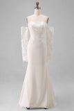 Ivory Mermaid Off the Shoulder Court Train Lace Wedding Dress with Sleeves