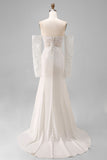 Ivory Mermaid Off the Shoulder Court Train Lace Wedding Dress with Sleeves