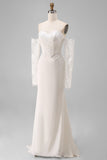 Ivory Mermaid Off the Shoulder Court Train Lace Wedding Dress with Sleeves