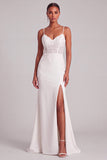 Ivory Mermaid Spaghetti Straps Lace Floor Length Wedding Dress with Slit