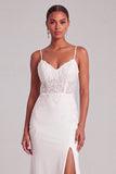 Ivory Mermaid Spaghetti Straps Lace Floor Length Wedding Dress with Slit