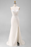 Ivory Mermaid Spaghetti Straps Lace Floor Length Wedding Dress with Slit