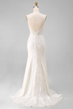 Ivory Mermaid Spaghetti Straps Lace Floor Length Wedding Dress with Slit