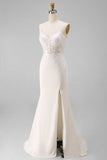 Ivory Mermaid Spaghetti Straps Lace Floor Length Wedding Dress with Slit