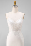Ivory Mermaid Spaghetti Straps Lace Floor Length Wedding Dress with Slit