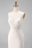 Ivory Mermaid Spaghetti Straps Lace Floor Length Wedding Dress with Slit