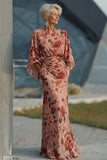 Dusty Rose Floral Ruched Round Neck Long Mother Of the Bride Dress