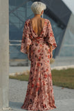Dusty Rose Floral Ruched Round Neck Long Mother Of the Bride Dress