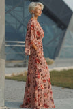 Dusty Rose Floral Ruched Round Neck Long Mother Of the Bride Dress