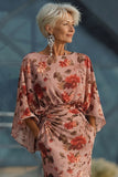 Dusty Rose Floral Ruched Round Neck Long Mother Of the Bride Dress