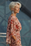 Dusty Rose Floral Ruched Round Neck Long Mother Of the Bride Dress