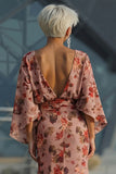 Dusty Rose Floral Ruched Round Neck Long Mother Of the Bride Dress