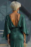 Pine Jacquard Floral Mermaid Draped Flutter Sleeves Maxi Mother of the Bride Dress