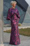Jacquard Floral Fuchsia Mermaid Ruched Long Mother Of Bride Dress