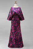 Jacquard Floral Fuchsia Mermaid Ruched Long Mother Of Bride Dress