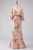 Floral Dusty Rose Mermaid Satin Round Neck Long Mother of the Bride Dress