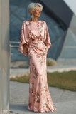 Floral Dusty Rose Mermaid Satin Round Neck Long Mother of the Bride Dress
