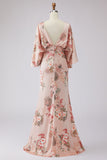 Floral Dusty Rose Mermaid Satin Round Neck Long Mother of the Bride Dress