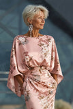 Floral Dusty Rose Mermaid Satin Round Neck Long Mother of the Bride Dress