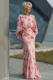 Floral Dusty Rose Mermaid Chiffon Ruched Long Mother of the Bride Dress