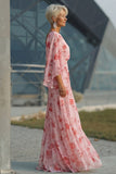 Floral Dusty Rose Mermaid Chiffon Ruched Long Mother of the Bride Dress