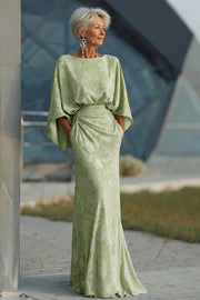 Floral Sage Green Mermaid Round Neck Ruched Long Mother of the Bride Dress
