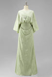 Floral Sage Green Mermaid Round Neck Ruched Long Mother of the Bride Dress