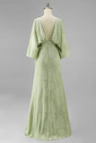 Floral Sage Green Mermaid Round Neck Ruched Long Mother of the Bride Dress